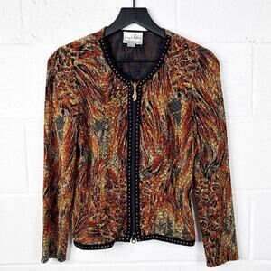 Joseph Ribkoff‎ Vintage Tapestry Zip Jacket Brown Animal Print Studded